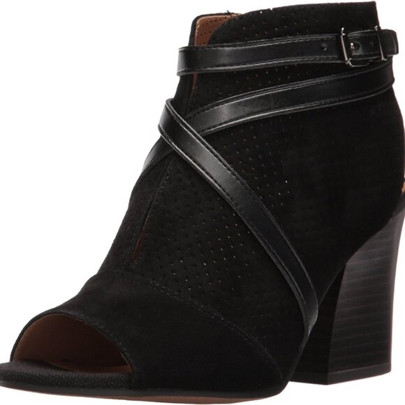 Franco Sarto Shoes - Franco Sarto Fantana Black Suede Leather Crisscross Strap Heeled Peep To… E727